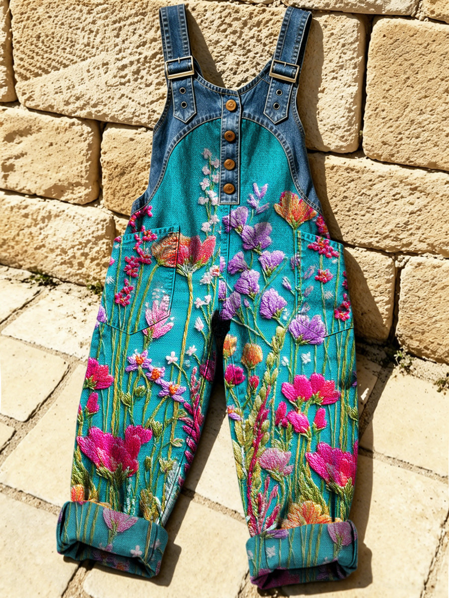 Women's Retro Floral Color-Blocked Art Print Washed Cotton Denim Patchwork Jumpsuit